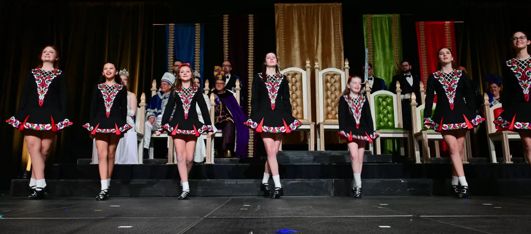 Girls with the Rince na Chroi School of Irish Dance perform during the 2024 St. Paul Winter Carnival Royal Coronation at the RiverCentre in St. Paul on Friday, Jan 26, 2024. (John Autey / Pioneer Press)