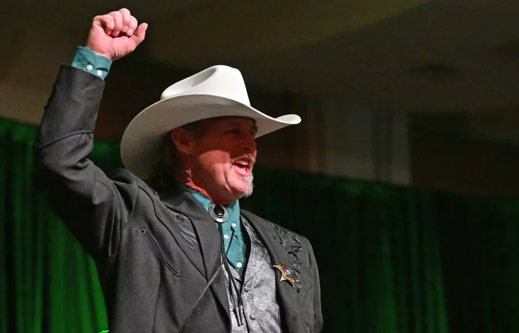 John Omodt gives a holler after being named the 2024 Zephyrus, Prince of the West Wind, during the 2024 St. Paul Winter Carnival Royal Coronation at the RiverCentre in St. Paul on Friday, Jan. 26, 2024. (John Autey / Pioneer Press)