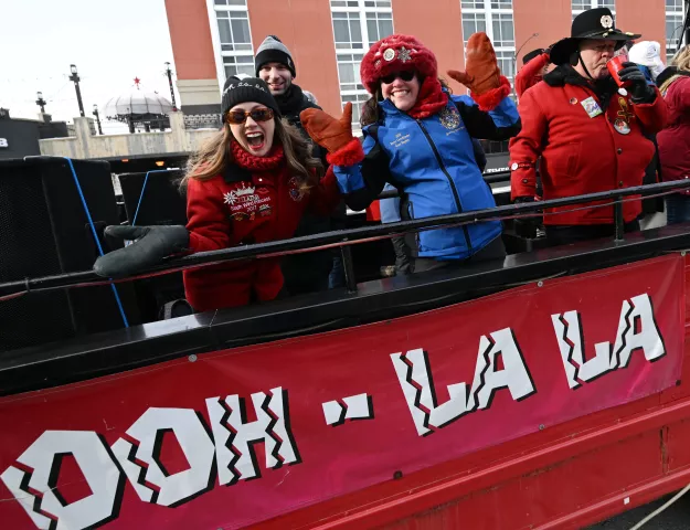 Its a party aboard the South Winds float at the 2023 Winter Carnival Grande Day Parade in downtown St. Paul on Saturday, Jan. 28, 2023. (John Autey / Pioneer Press)