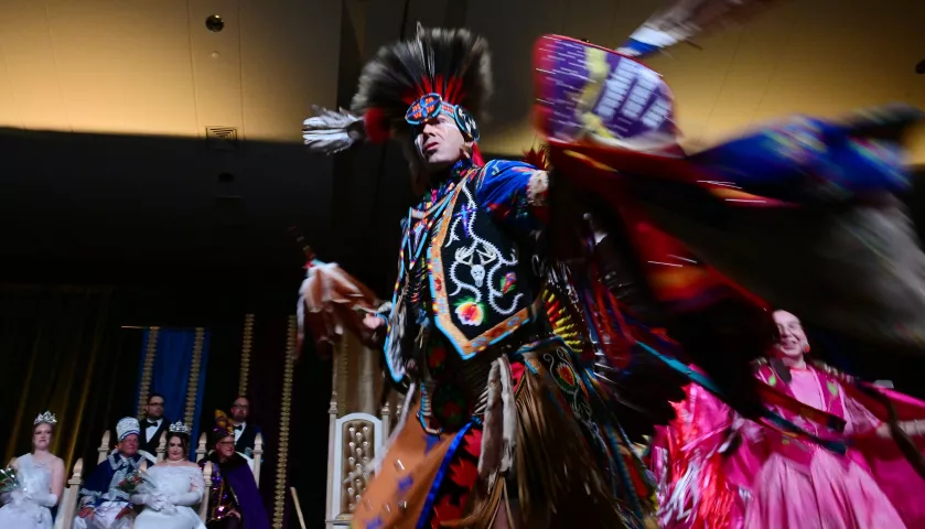 Dancers with the Mishiikenh Andonizhikaw perform during the 2024 St. Paul Winter Carnival Royal Coronation at the RiverCentre in St. Paul on Friday, Jan. 26, 2024. (John Autey / Pioneer Press)