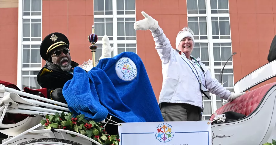 2023 Winter Carnival Senior Royalty King Winter Wesley Smith and Princess of the Four Winds Jane Lonsky wave to the crowds at the 2023 Winter Carnival Grande Day Parade in downtown St. Paul on Saturday, Jan. 28, 2023. (John Autey / Pioneer Press)