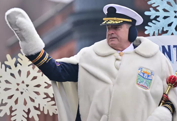 King Boreas LXXXVII Stephen Doody waves to the crowd during the 2024 St. Paul Winter Carnival Grande Day Parade along West 7th Street in downtown on Saturday, Jan. 27, 2024. (John Autey / Pioneer Press)