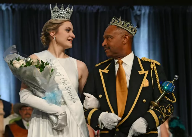 2023 Aurora, Queen of the Snows Liv Swenson and Boreas Rex LXXXVI Leo E. Lewis are introduced during the 2023 Winter Carnival Royal Coronation at St. Paul RiverCentre on Friday, Jan. 27, 2023. (John Autey / Pioneer Press)