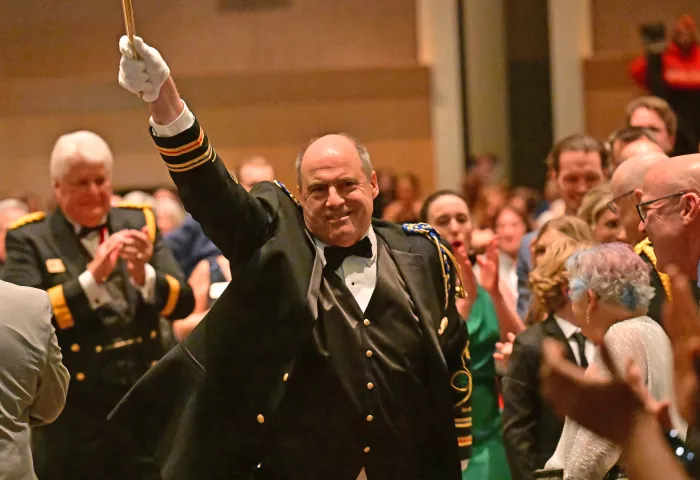 King Boreas LXXXVII Steve Doody walks through the crowd after being named during the 2024 St. Paul Winter Carnival Royal Coronation at the RiverCentre in St. Paul on Friday, Jan. 26, 2024. (John Autey / Pioneer Press)