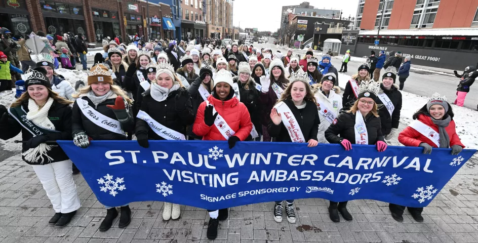It was all smiles from visiting princesses at the 2023 Winter Carnival Grand Day Parade in downtown St. Paul on Saturday, Jan. 28, 2023. (John Autey / Pioneer Press)