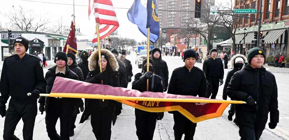 The St. Paul Harding High School Navy JROTC march at the 2023 Winter Carnival Grande Day Parade in downtown St. Paul on Saturday, Jan. 28, 2023. (John Autey / Pioneer Press)