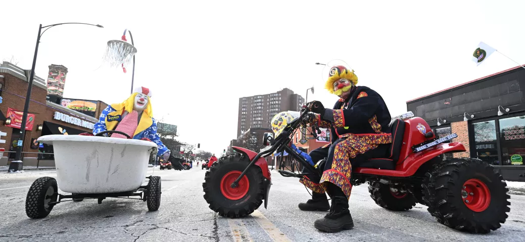 The Osman Shriners Clowns do what the do best and ham it up at the 2023 Winter Carnival Grande Day Parade in downtown St. Paul on Saturday, Jan. 28, 2023. (John Autey / Pioneer Press)