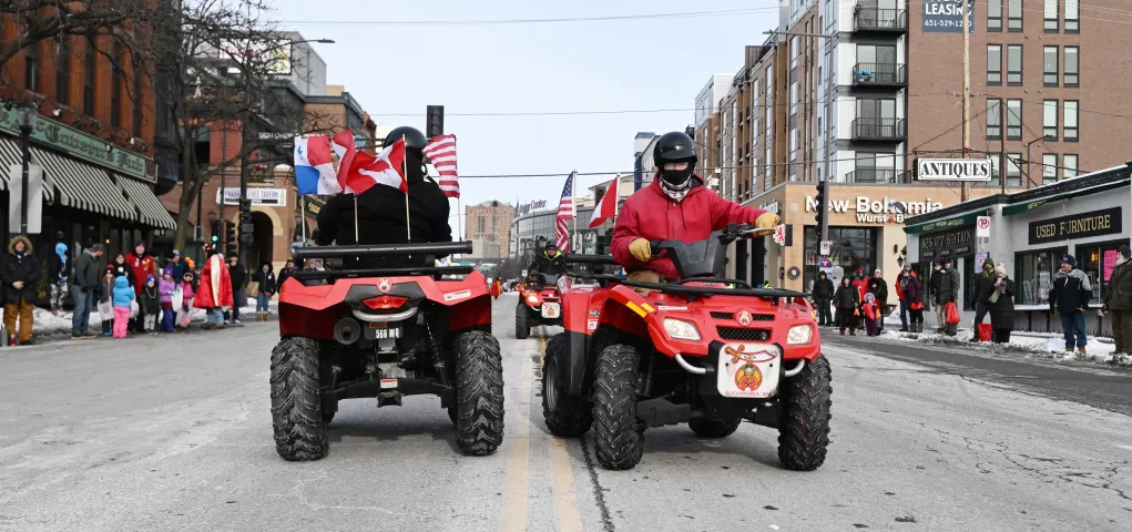 The Osman Shriners ATV drill team performs during the 2023 Winter Carnival Grande Day Parade in downtown St. Paul on Saturday, Jan. 28, 2023. (John Autey / Pioneer Press)