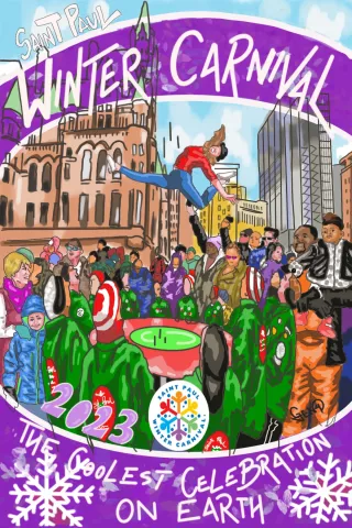 2023 Winter Carnival Button art by Geno Okok. (Courtesy of the St. Paul Winter Carnival)
