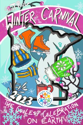 2023 Winter Carnival Button art by Geno Okok. (Courtesy of the St. Paul Winter Carnival)