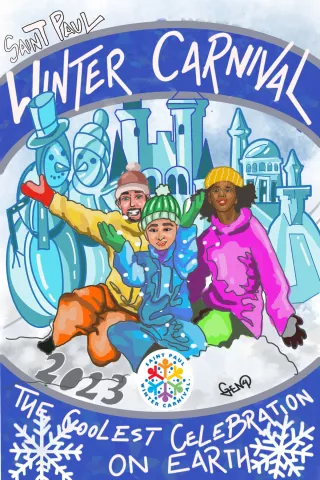 2023 Winter Carnival Button art by Geno Okok. (Courtesy of the St. Paul Winter Carnival)