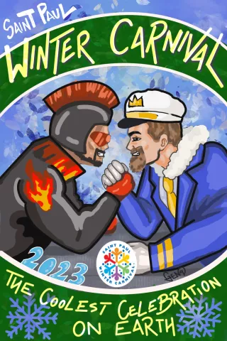 2023 Winter Carnival Button art by Geno Okok. (Courtesy of the St. Paul Winter Carnival)
